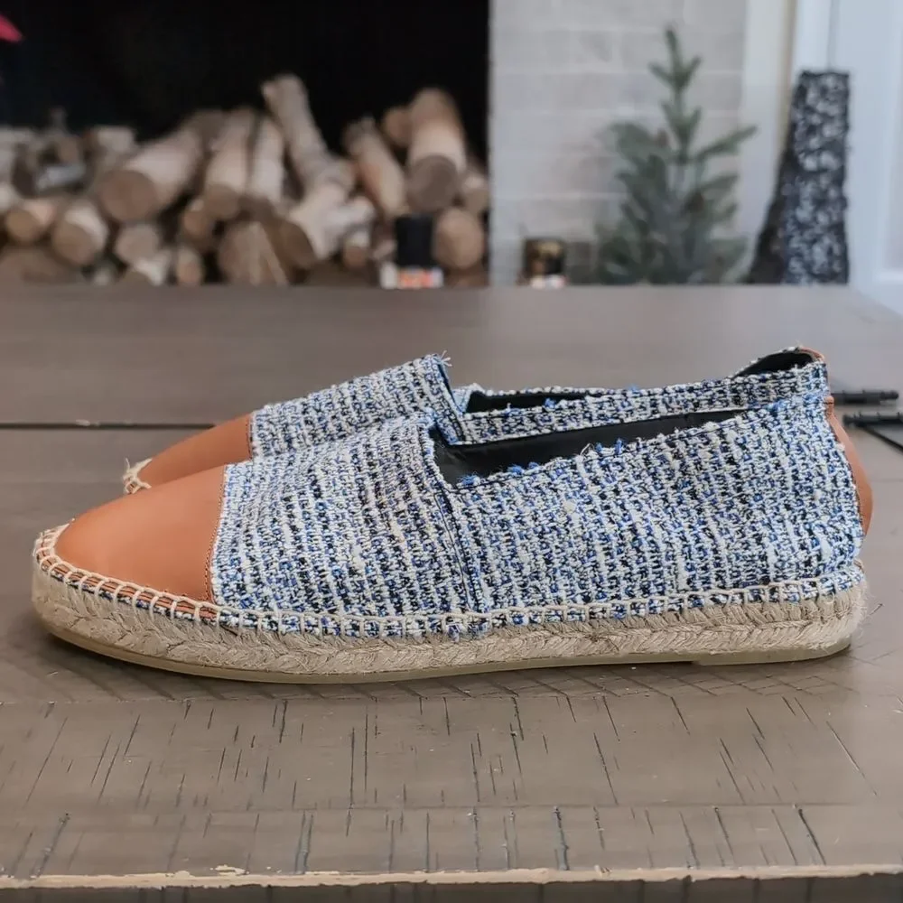 J. Mclaughlin Alexa Tweed and Leather Toe Espadrilles - Blue Cream Sz 9